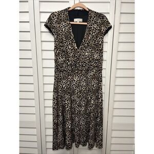 Kasper Leopard Print Cap Sleeve V-Neck Ruched Fit & Flare Stretch Dress Size 14